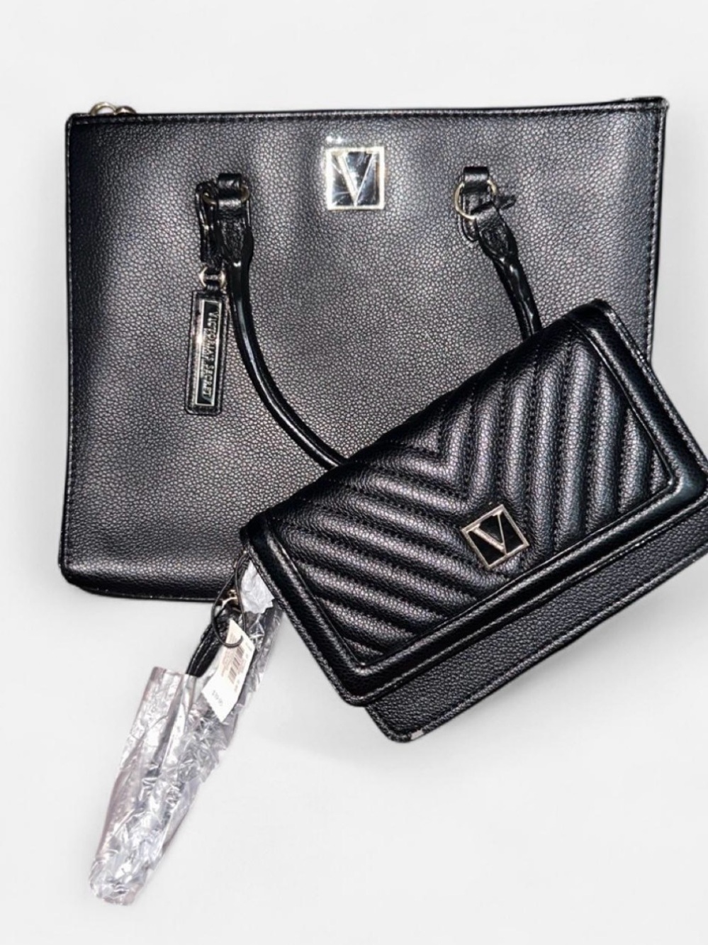 Victoria's Secret Black Tote with Quilted Black Wristlet Set